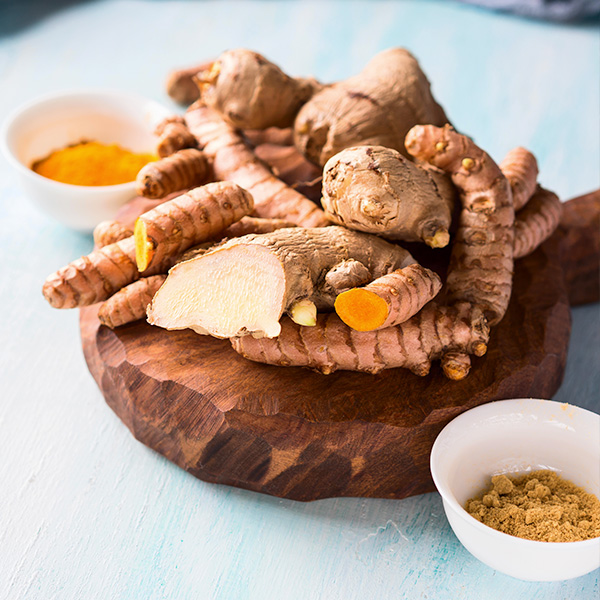 Golden turmeric roots and powder